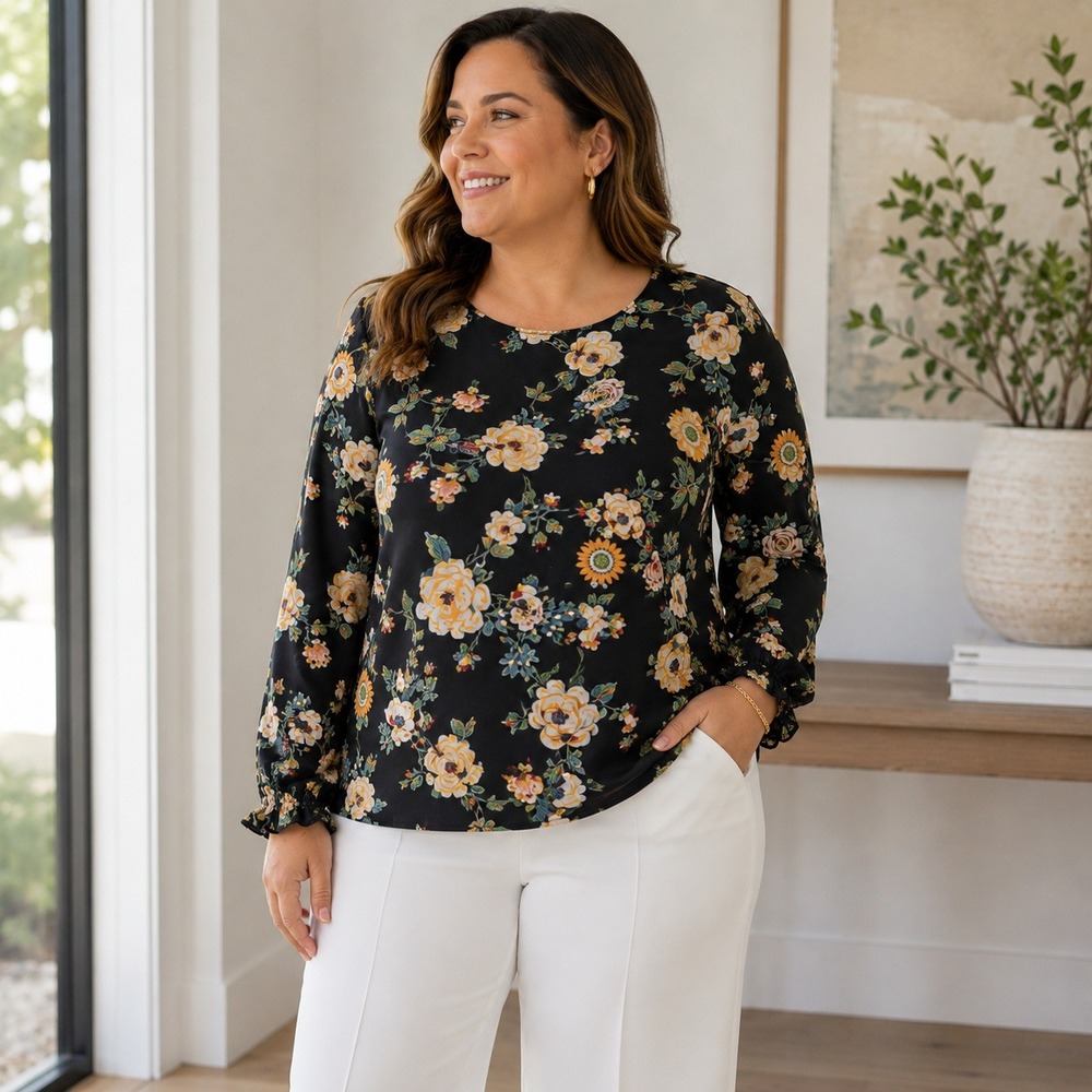 Ava & Viv Black Floral Long-Sleeve Blouse